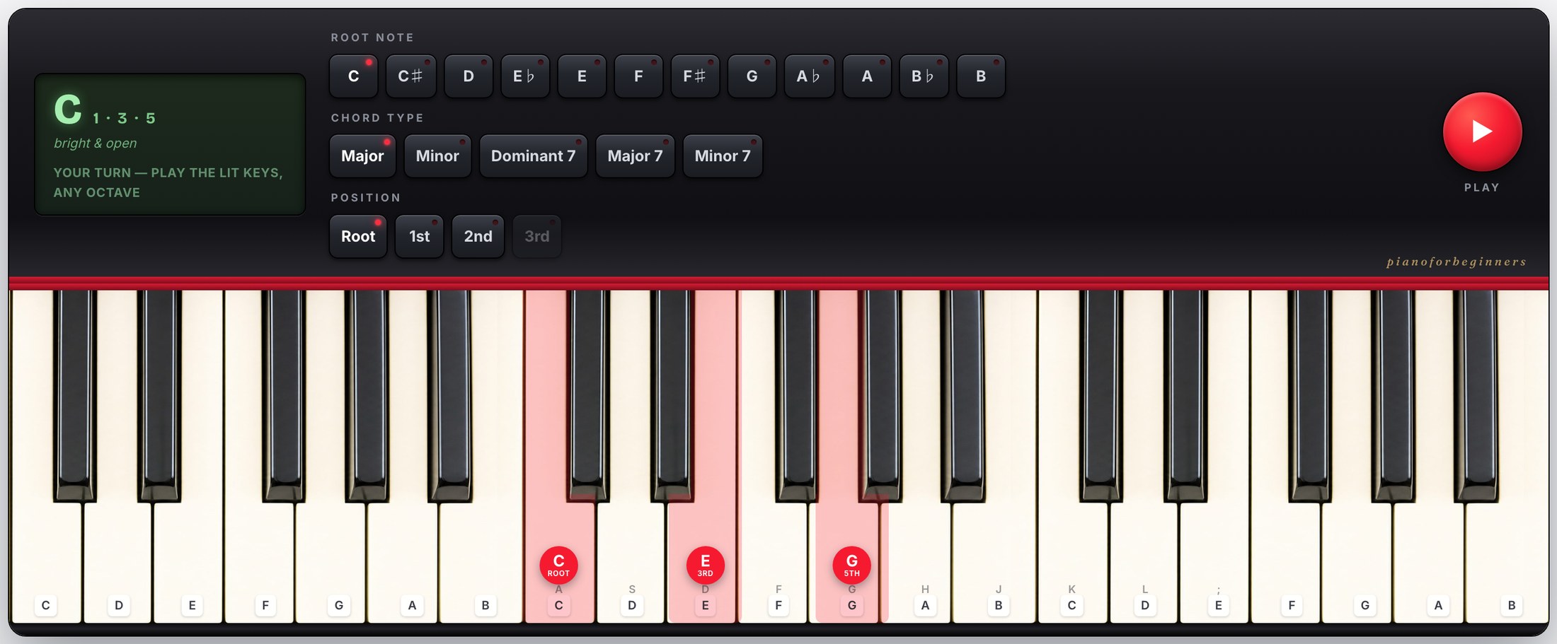 The Chord Explorer — an on-screen electric piano with chord buttons, an LCD display and lit keys