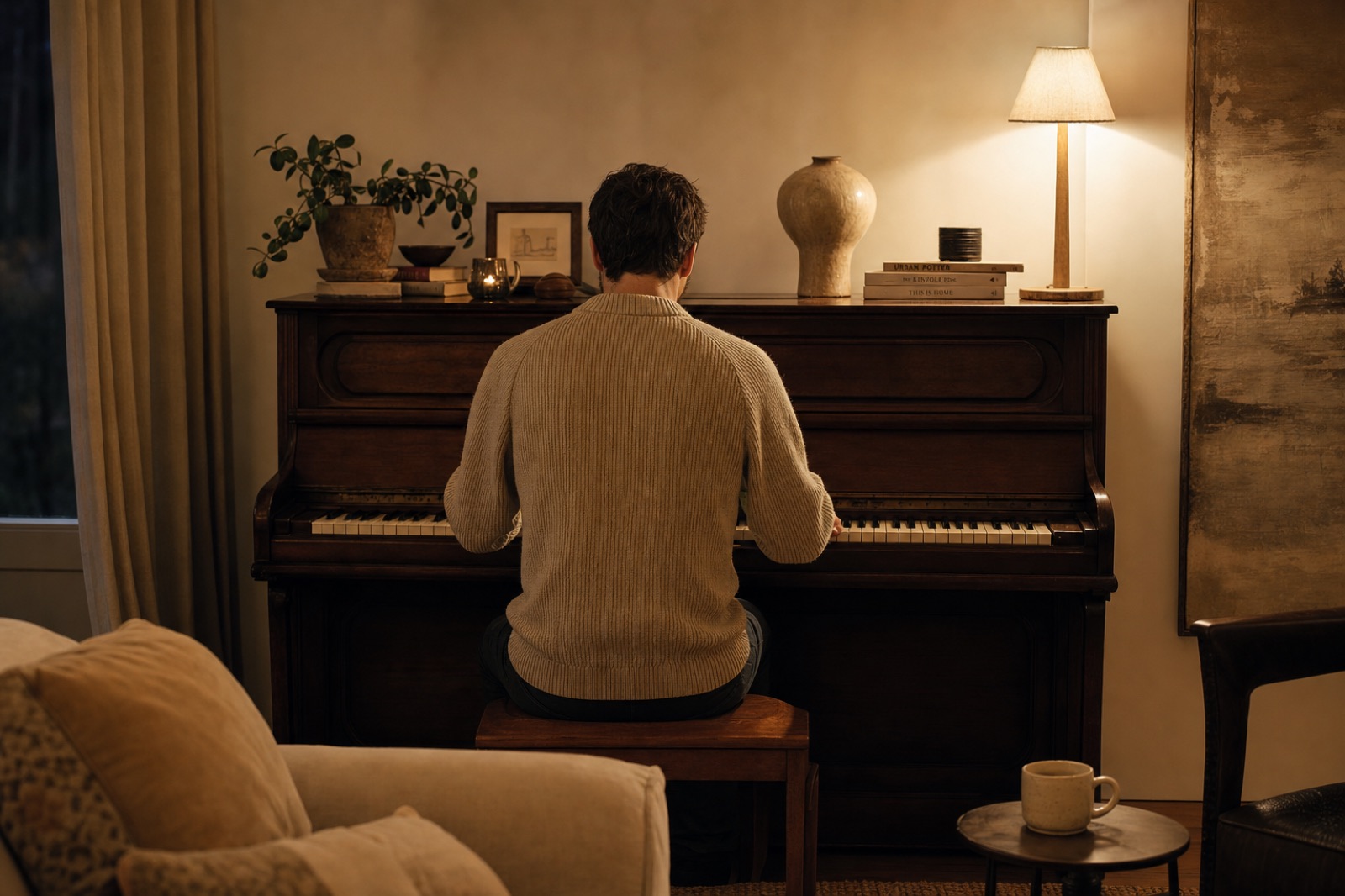 A person playing an upright piano at home in warm evening light